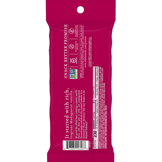 Back view of a pink snack package with text and a barcode on a white background