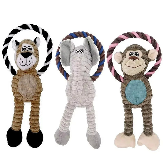 Three animal-themed dog toys with rope handles on a white background