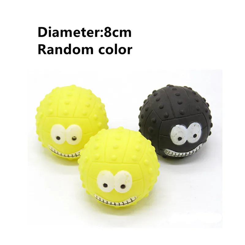 Three rubber balls with face designs on a white background, labeled 'Diameter: 8cm Random color'.