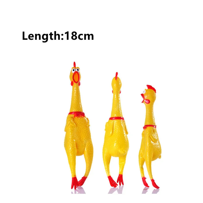 Three yellow rubber chicken toys with red accents on a white background, labeled 'Length: 18cm'.