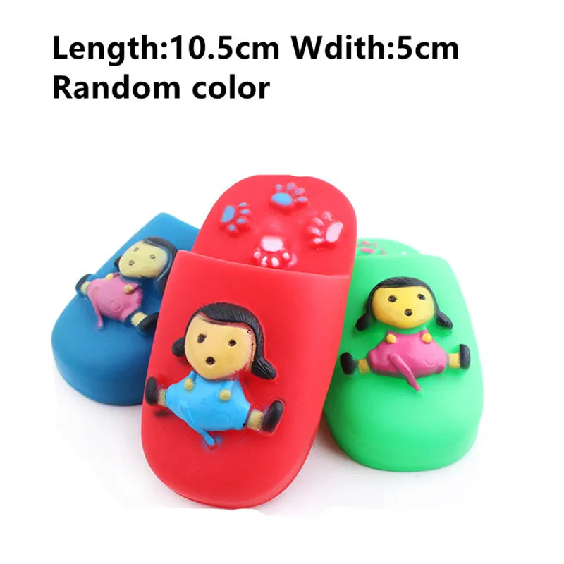 Three colorful slippers with cartoon characters on a white background, labeled with dimensions and color information.