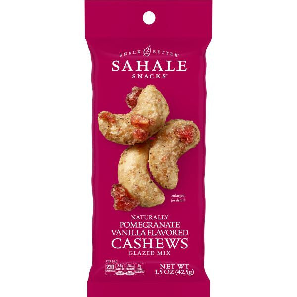 Sahale Snacks cashew package with pomegranate vanilla flavor on a white background