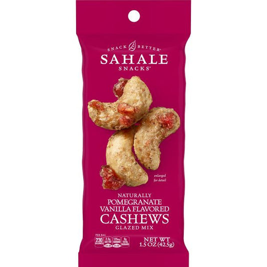 Sahale Snacks cashew package with pomegranate vanilla flavor on a white background