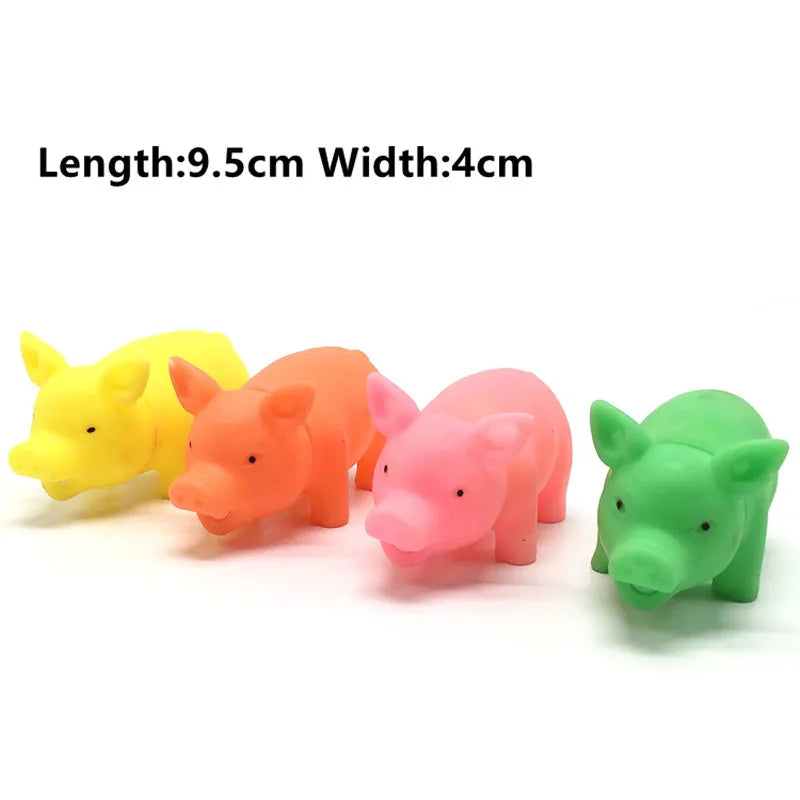 Four colorful pig-shaped objects on a white background with dimensions displayed.