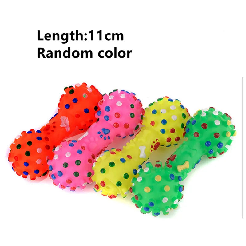 Colorful polka dot dog toys with text indicating length and color randomness on a white background.