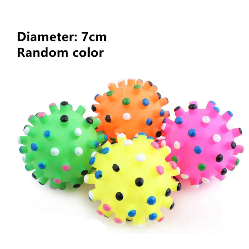 Four colorful spiky balls with text indicating diameter and color randomness on a white background