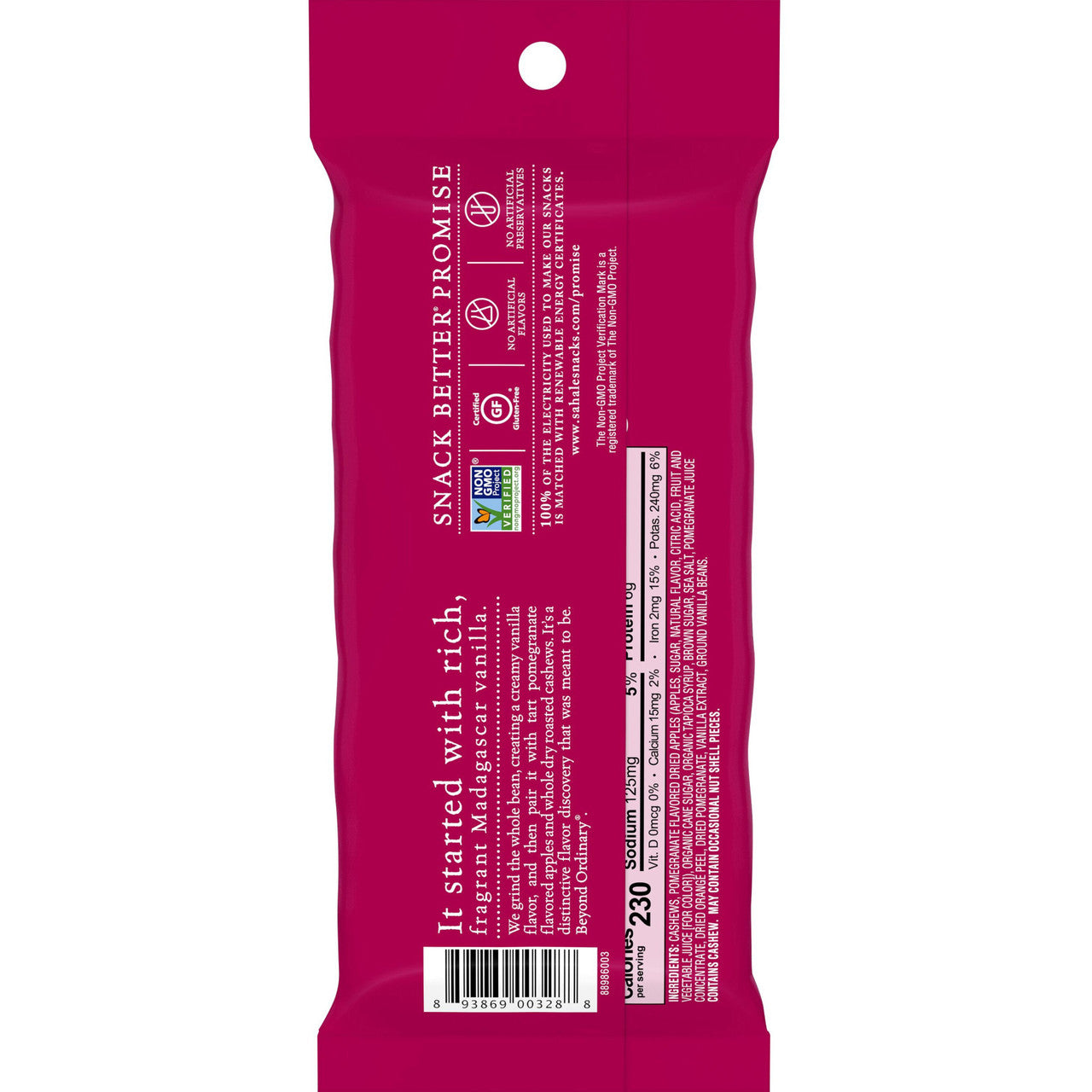 Back view of a pink snack package with text and a barcode on a white background