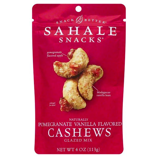 Red package of Sahale Snacks Pomegranate Vanilla Flavored Cashews on a white background