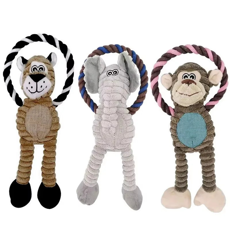 Three animal-themed dog toys with rope handles on a white background
