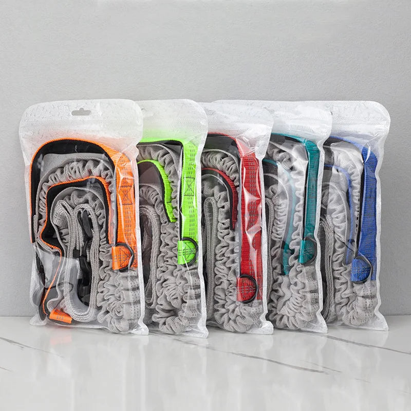 Set of four dog collars in different colors packaging on a white surface with a gray background