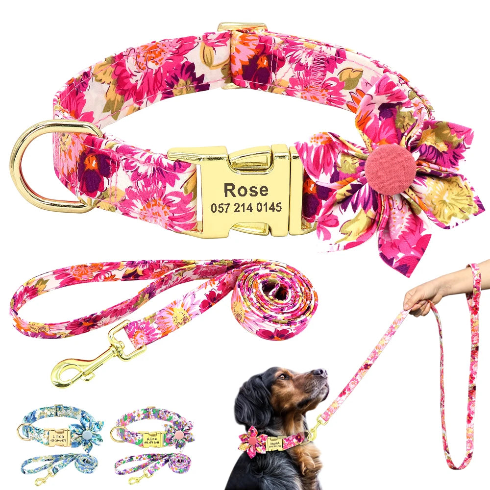 Floral dog collar and leash set with engraved gold buckle on a white background