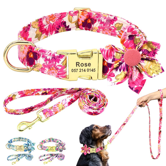 Floral dog collar and leash set with engraved gold buckle on a white background