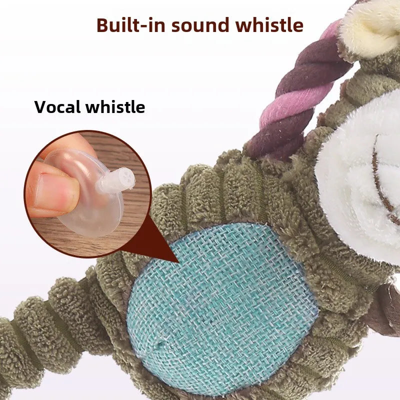 Dog toy with a built-in sound whistle and vocal whistle feature.