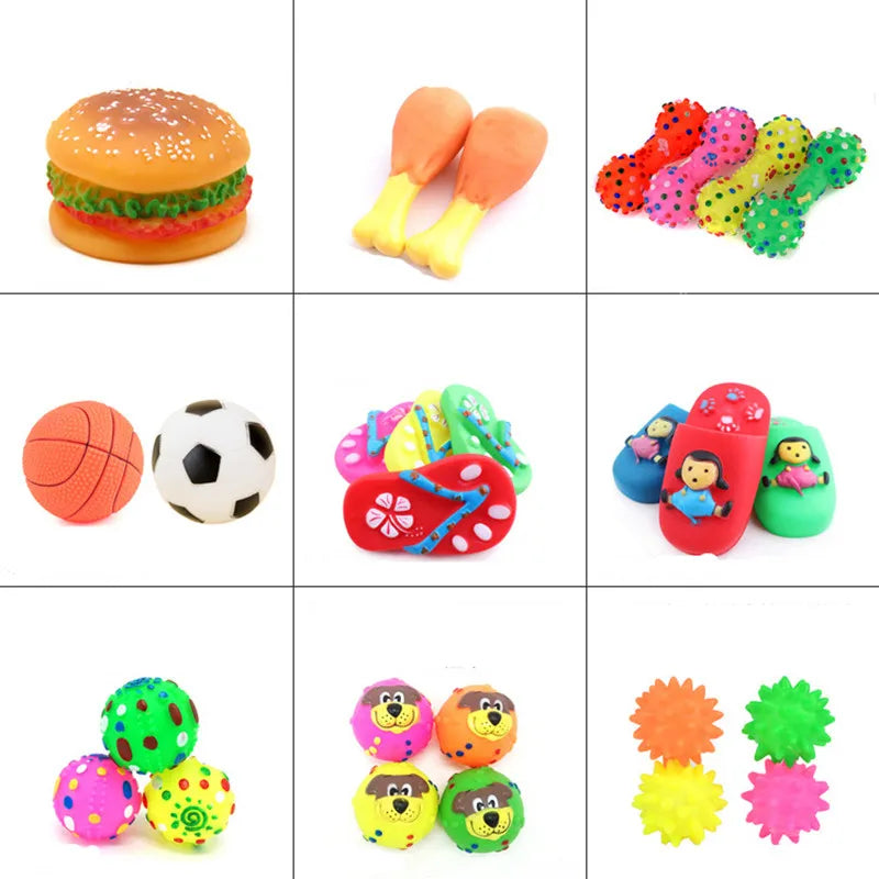 Collection of colorful rubber dog toys shaped like various objects on a grid.