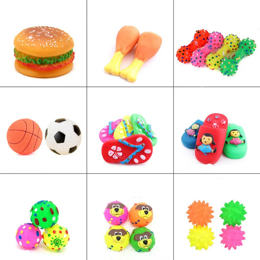 Collection of colorful rubber dog toys shaped like various objects on a grid.