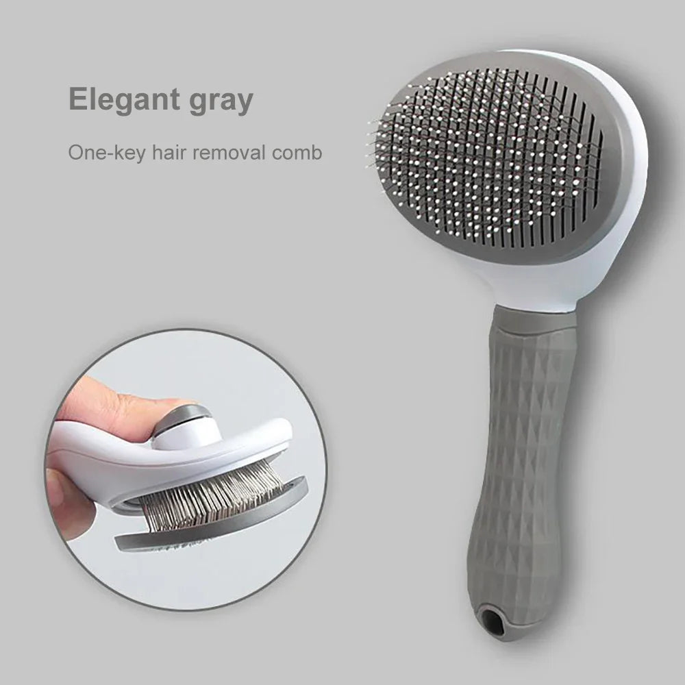 Gray one-key hair removal comb with close-up inset on a gray background