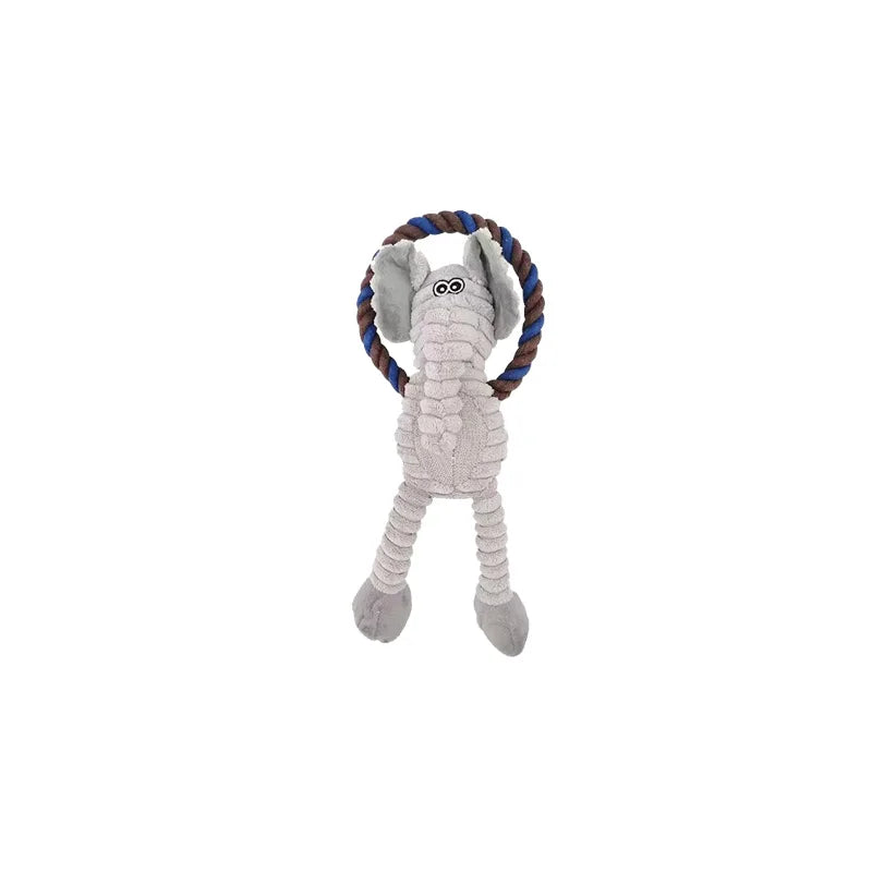Plush elephant toy with a rope on a white background