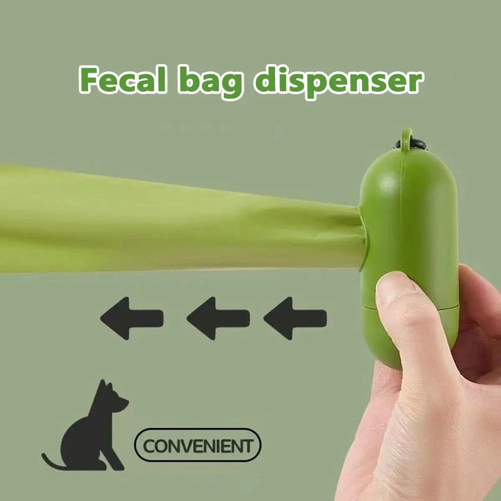 Green fecal bag dispenser held by a hand with a green background