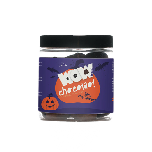 Jar of Halloween-themed treats with a purple label featuring a jack-o'-lantern design.