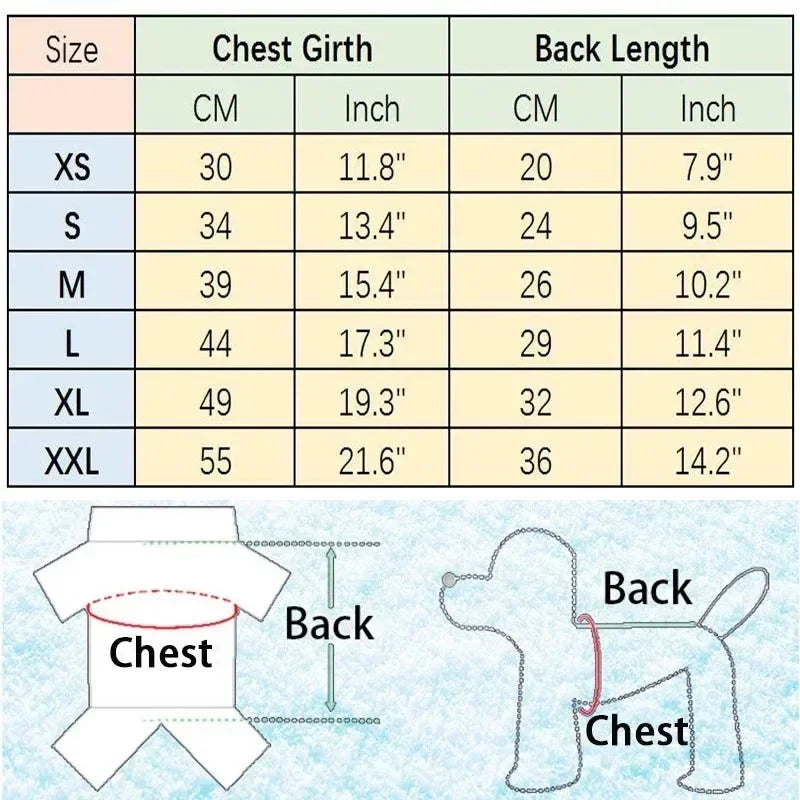 Measurement chart for dog coats with chest girth and back length dimensions in centimeters and inches.