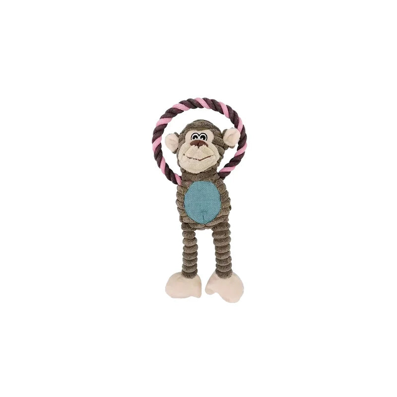 Plush monkey toy with a hoop on a white background