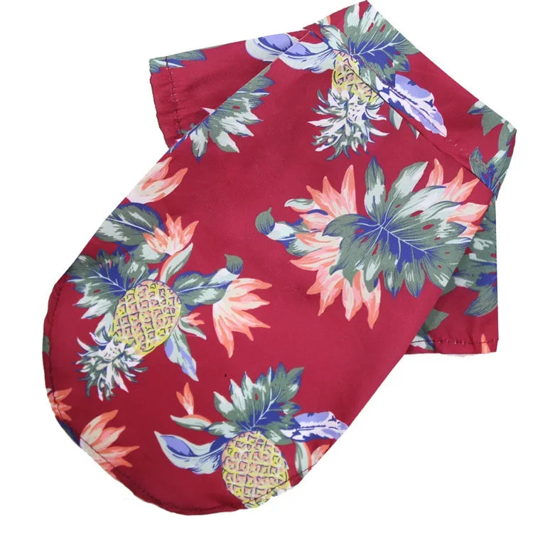 Red shirt with pineapple and floral pattern on a white background