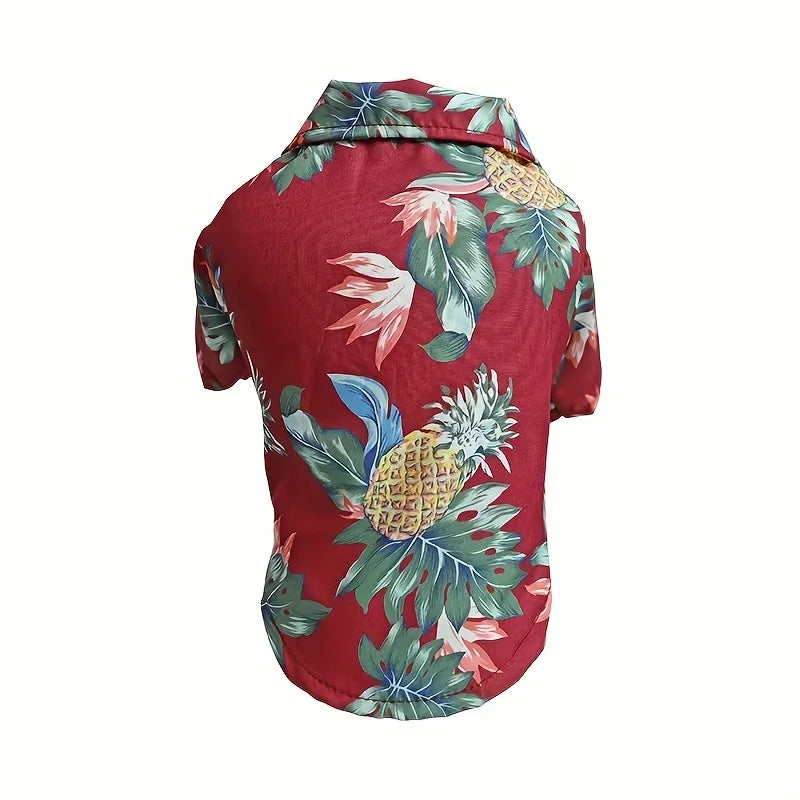 Red dog hoodie with tropical leaf and pineapple pattern on a white background