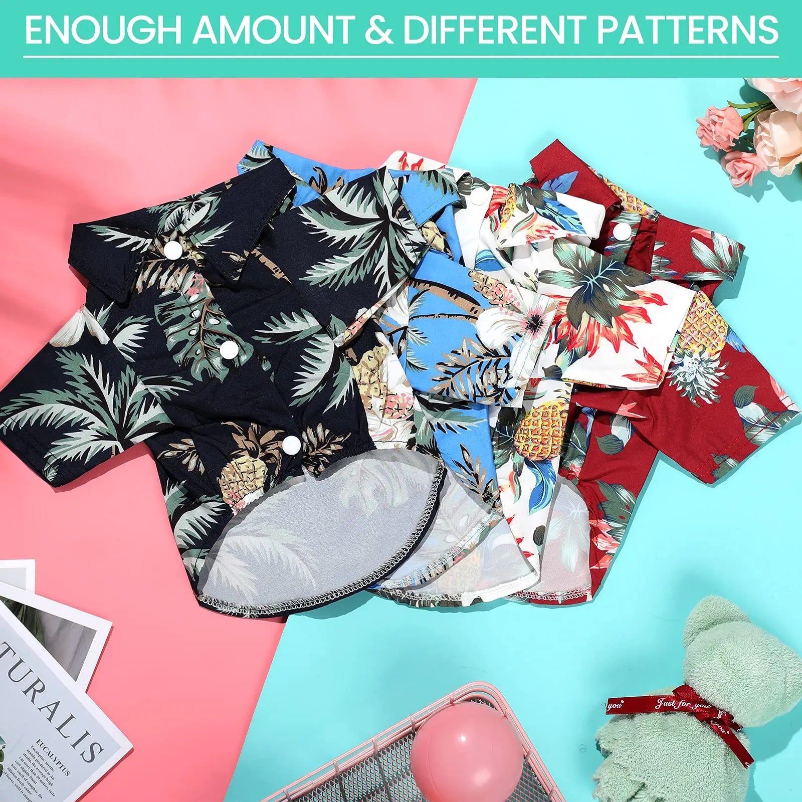 Collection of patterned shirts on a colorful background with text 'ENOUGH AMOUNT & DIFFERENT PATTERNS'.