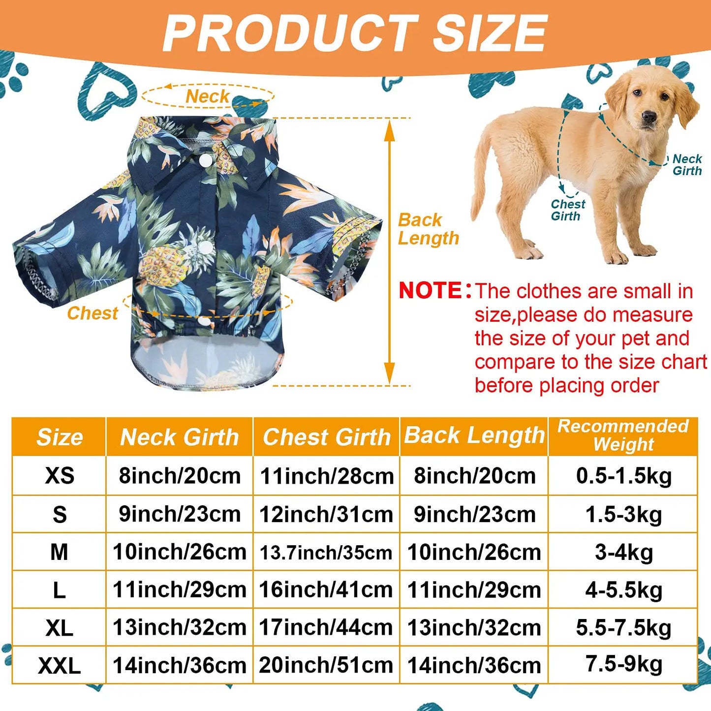 Dog clothing with size chart and measurements on a blue background