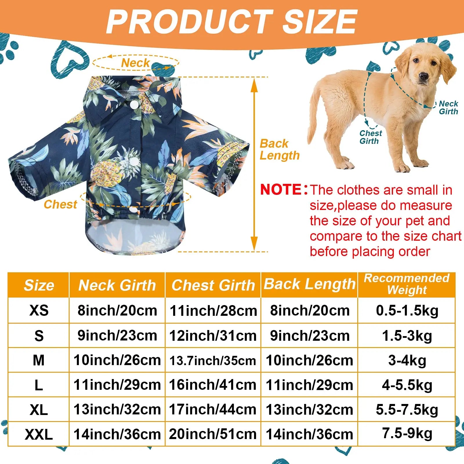 Dog clothing with size chart and measurements on a blue background