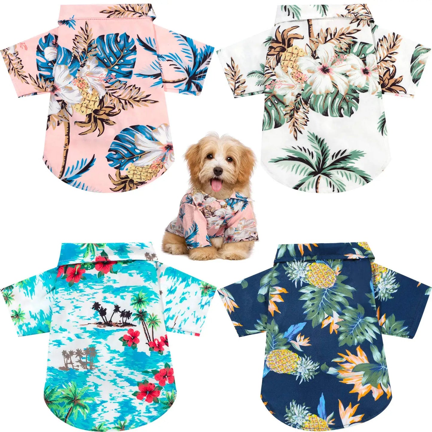 Collection of tropical-themed pet shirts with a dog wearing one of them on a white background.