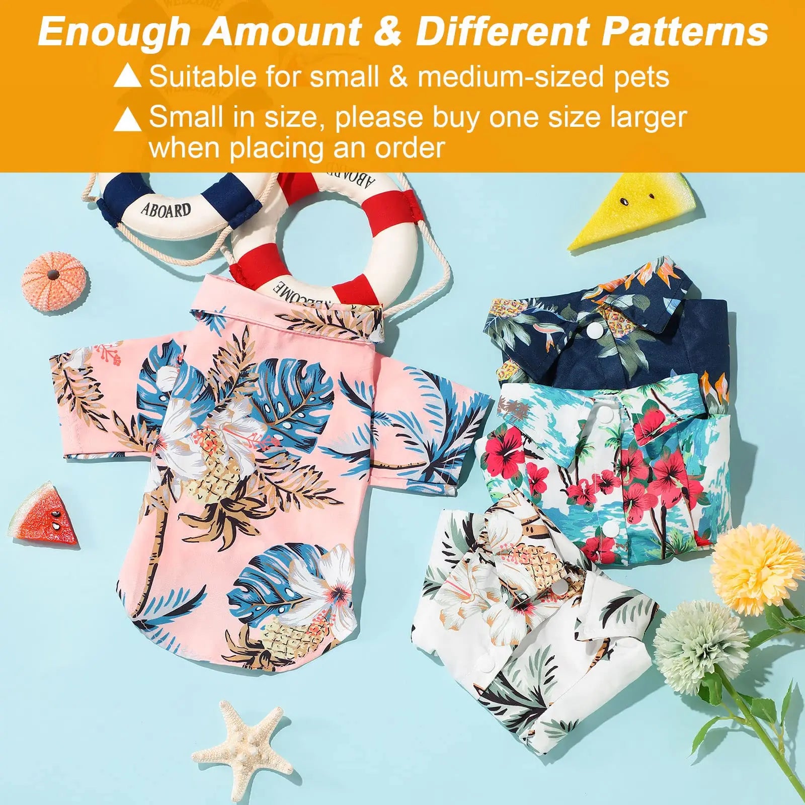 Floral pet swimsuits on a blue background with text about size suitability.