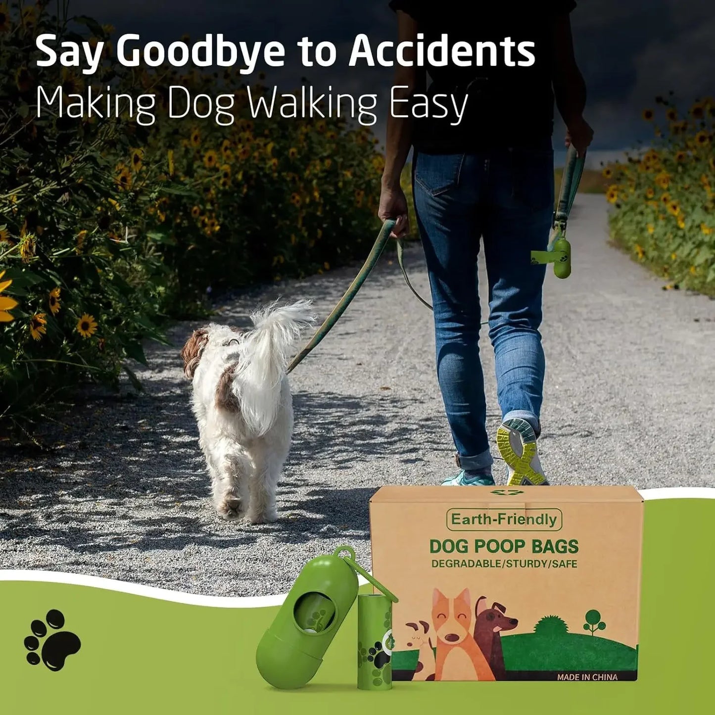 Person walking a dog with Earth-Friendly Dog Poop Bags packaging and products displayed.