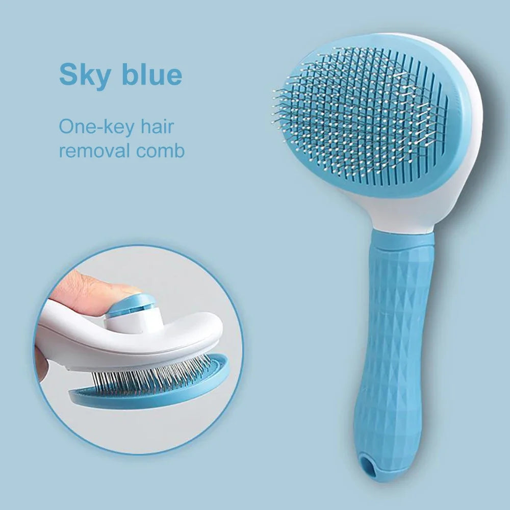 Blue and white hair removal comb with a close-up inset on a light blue background