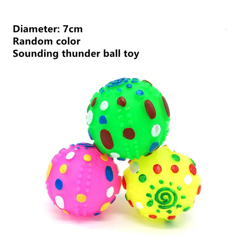 Three colorful polka dot balls with text indicating diameter, color randomness, and sound feature on a white background.