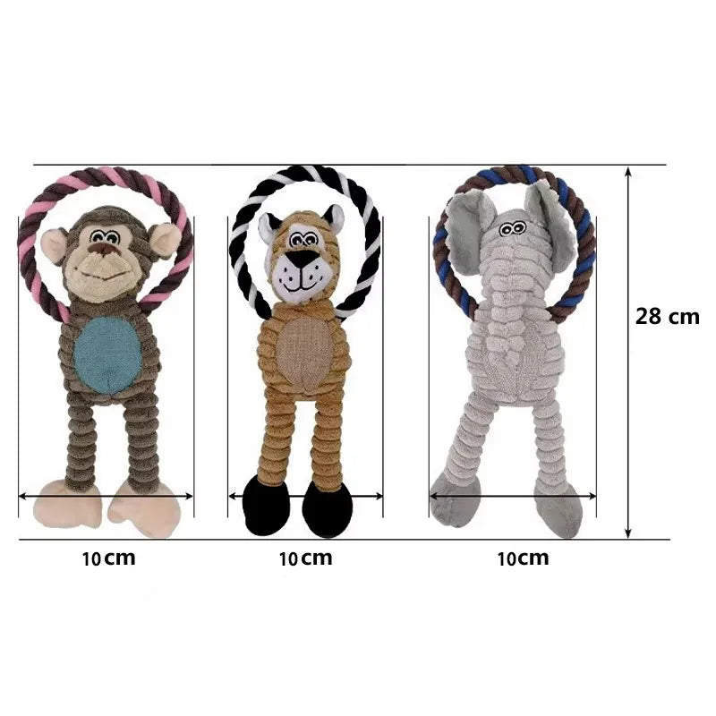 Three animal-themed dog toys with measurements on a white background