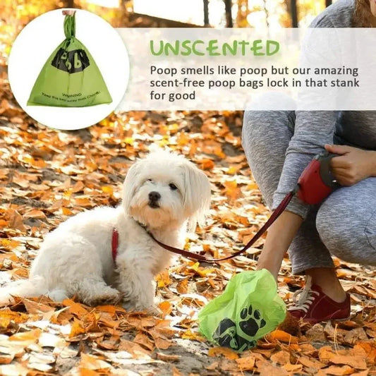 Person walking a dog with a green poop bag dispenser on a leaf-covered ground