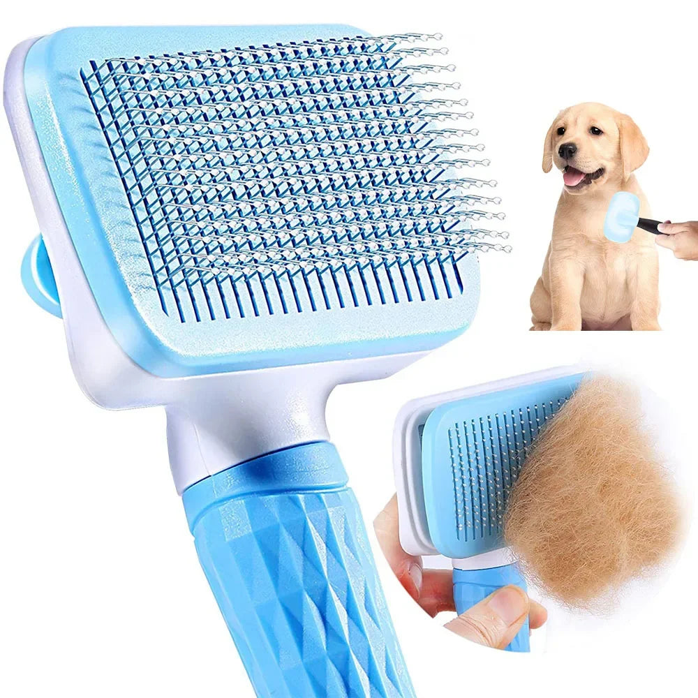 Pet grooming brush with a close-up of a dog being groomed on a white background