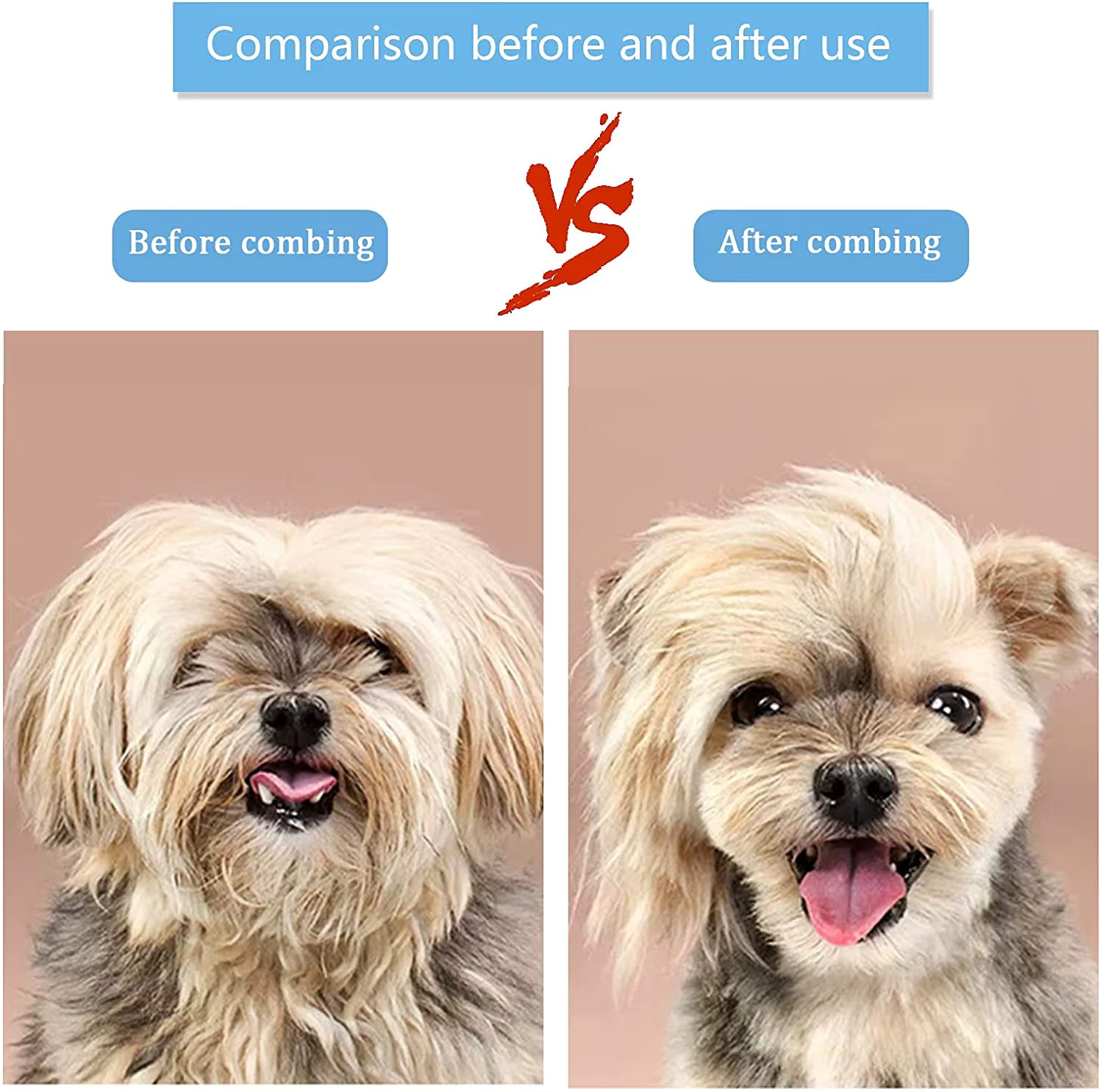 Comparison of a dog's fur before and after combing with text 'Before combing' and 'After combing'.