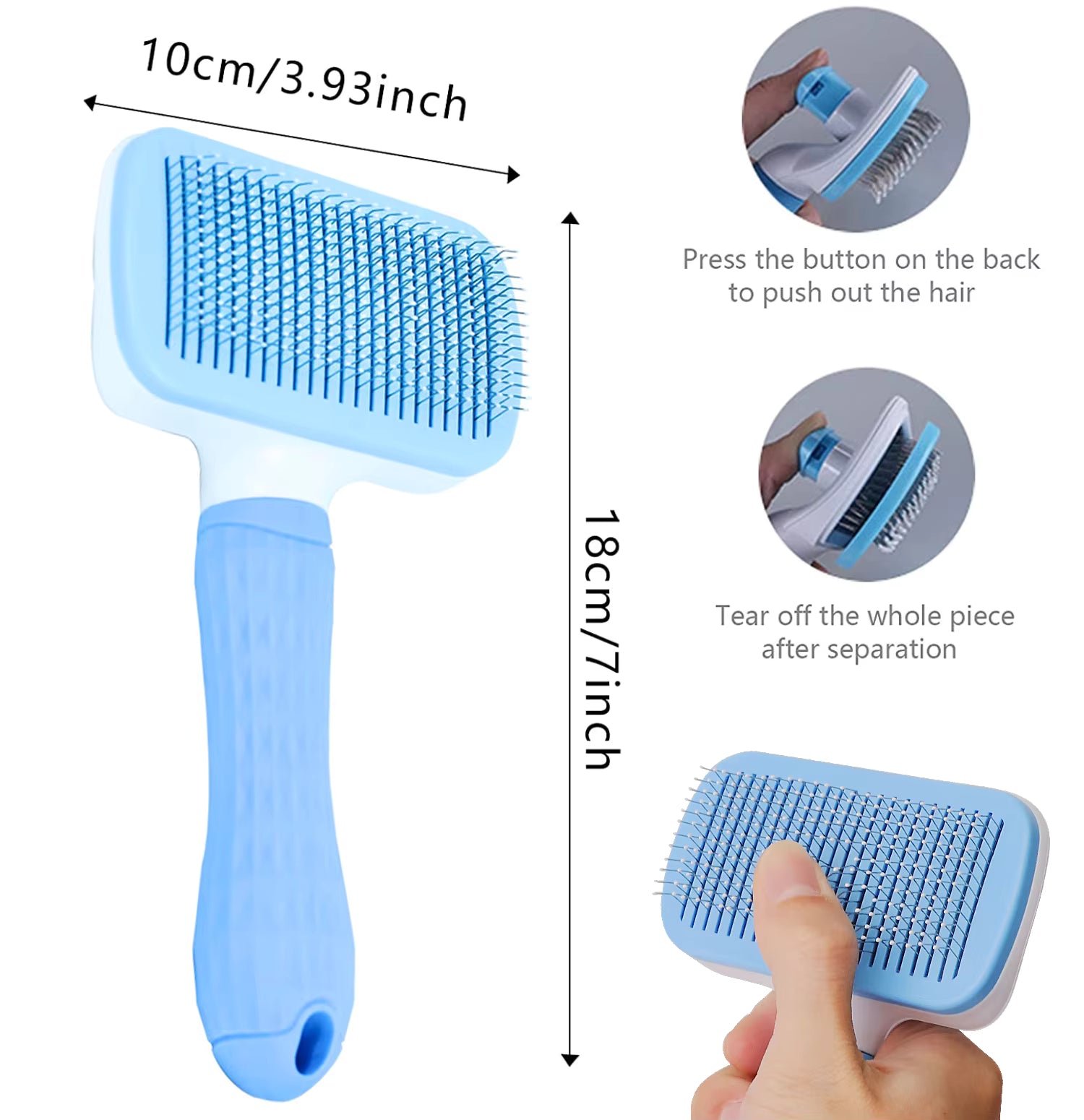 Blue pet grooming brush with measurements and usage instructions on a white background