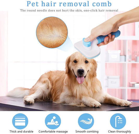 Dog being groomed with a pet hair removal comb, showing the product's benefits.
