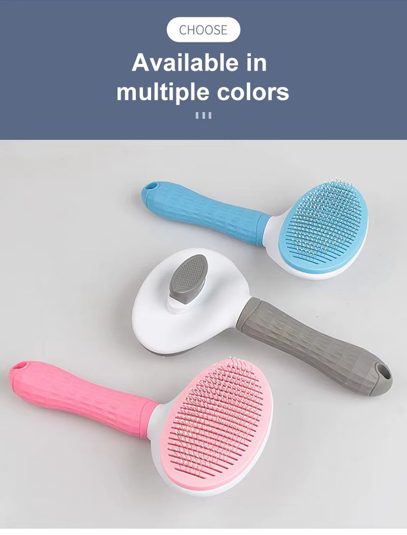 Three pet grooming brushes in pink, blue, and gray on a light gray background with text indicating color availability.