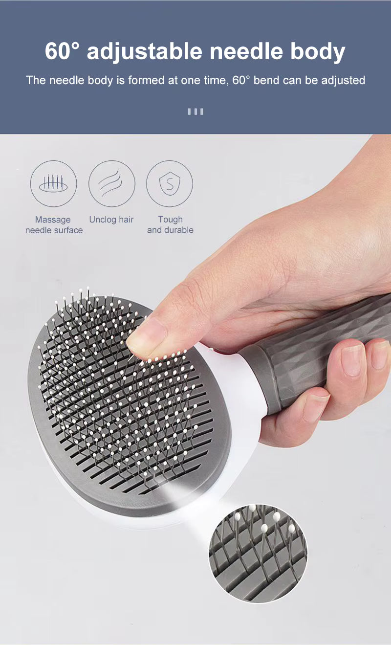 Pet grooming brush with adjustable needle body held by a hand, featuring massage, unclog hair, and tough durable properties.
