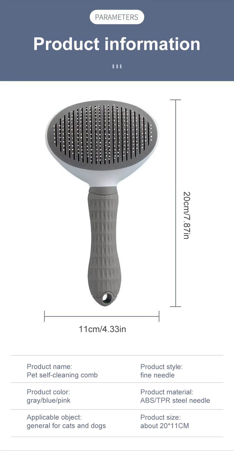 Pet self-cleaning comb with dimensions and product details on a white background