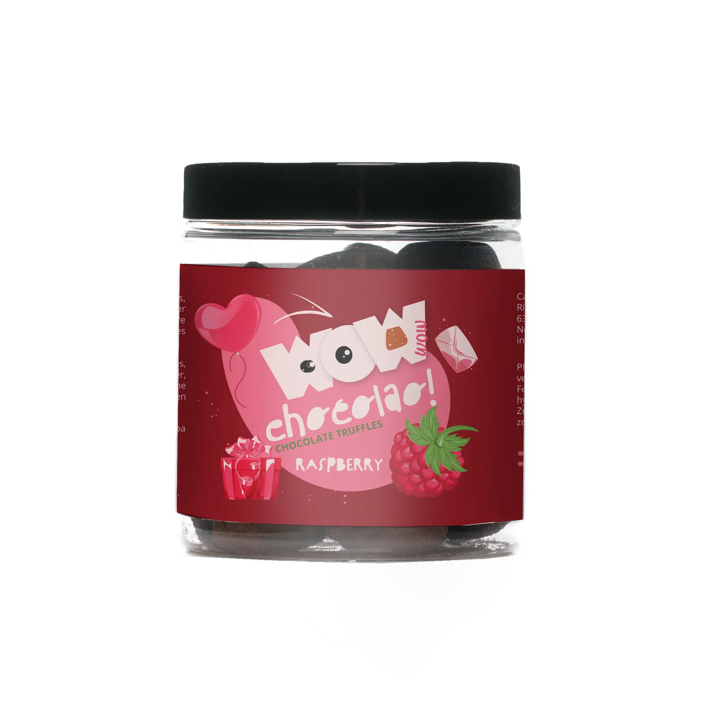 Jar of raspberry chocolate truffles with a red label on a white background