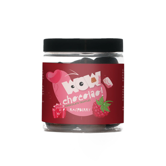 Jar of raspberry chocolate truffles with a red label on a white background