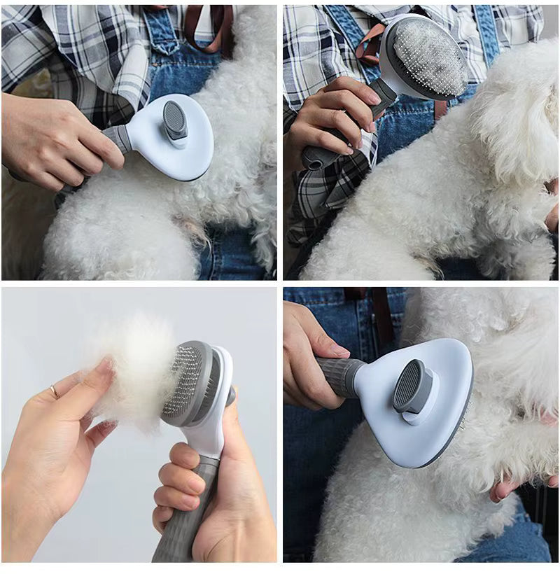 Collage of a person grooming a dog with a pet grooming tool.